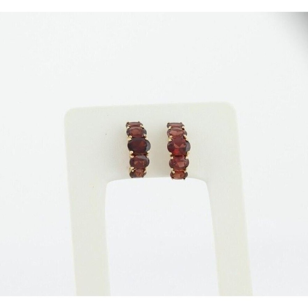 10k Yellow Gold Natural Garnet Earrings Half Hoop Earrings - Picture 4 of 7